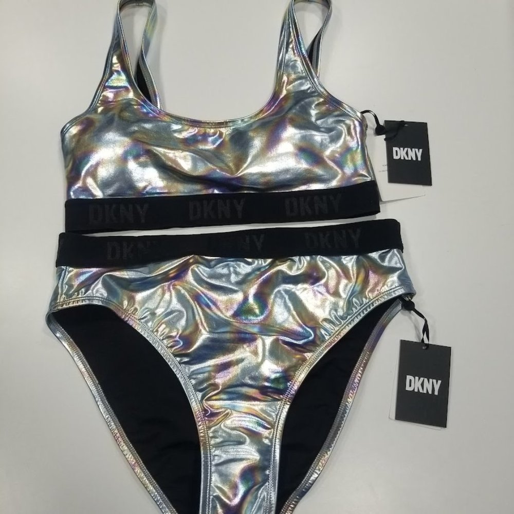 DKNY Metallic Holographic Logo Bikini Set Size Medium - Picture 5 of 9